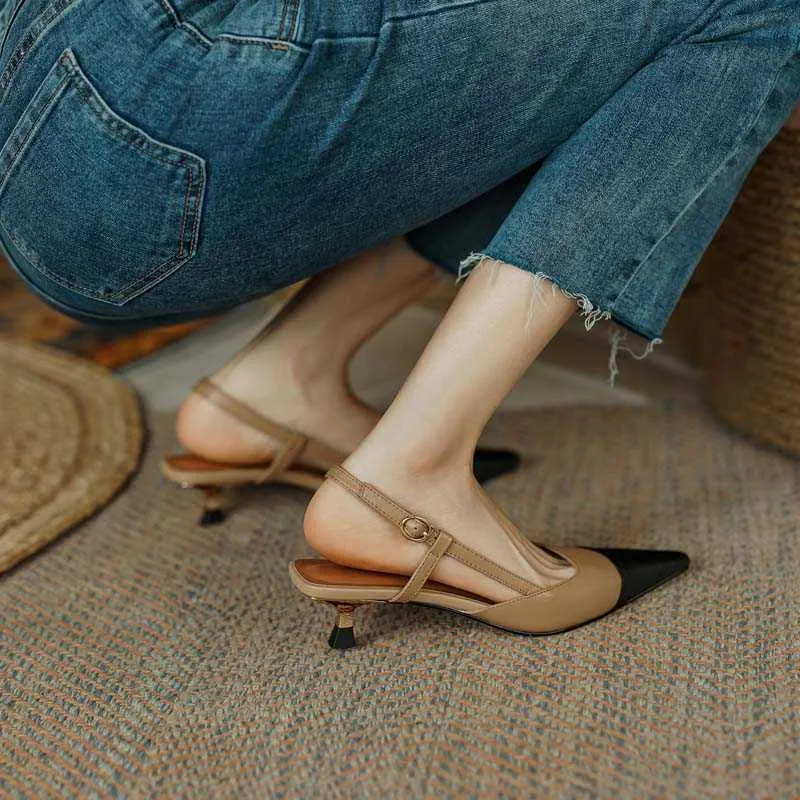 Sandals New Summer Women Slingback Sandals Pointed Toe Mid Heel Females Slippers Elegant Cozy Vintage Girl Office Banquet Footwear T230208