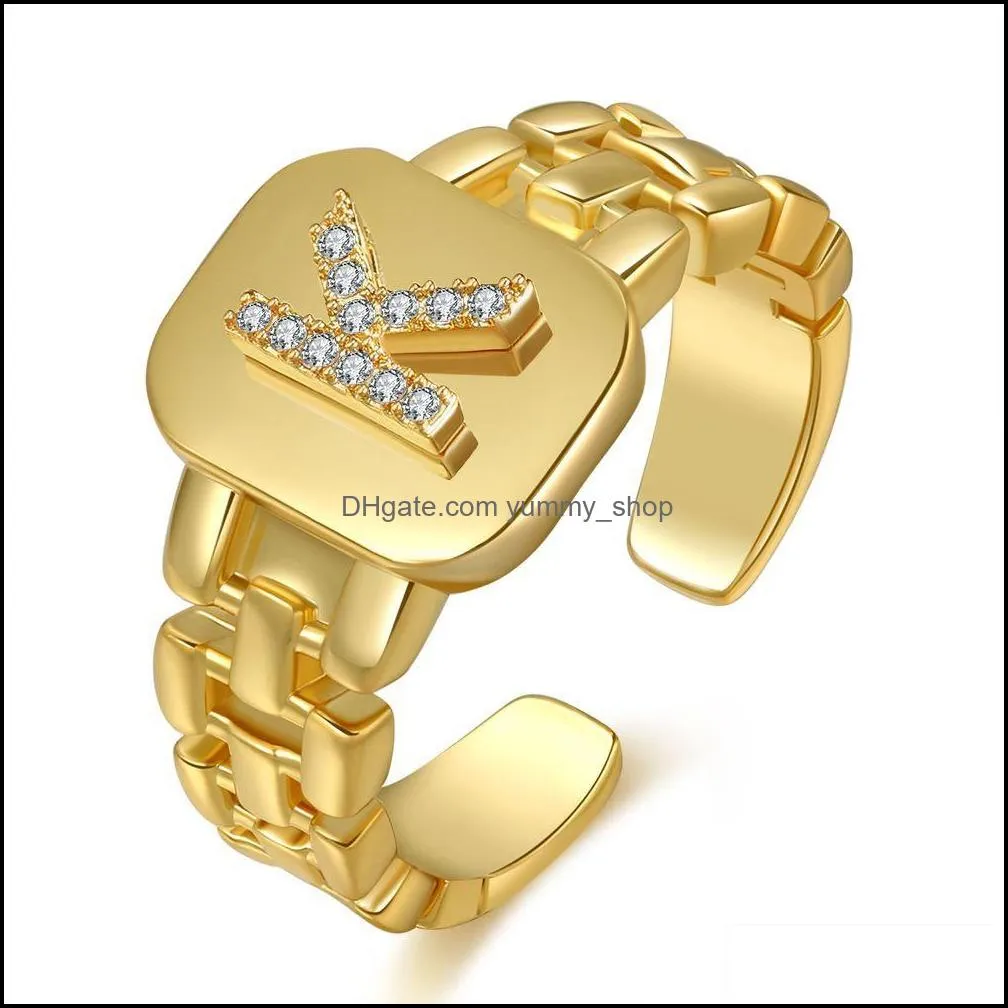 gold rhinestone 26 letter finger open ring for women jewelry adjustable alphabet rings wedding gift q190fz
