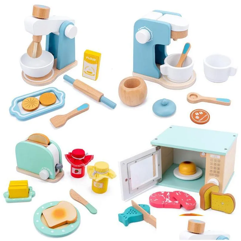 kids wooden kitchen pretend toys play sets toaster bread maker coffee roaster machine game childrens toy mixer educational toy