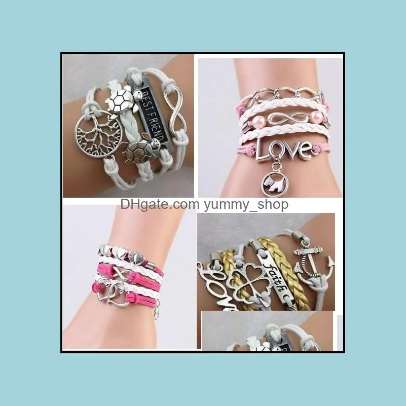 37designs leather bracelet antique cross anchor love peach heart owl bird believe pearl knitting bronze charm bracelets for fashion