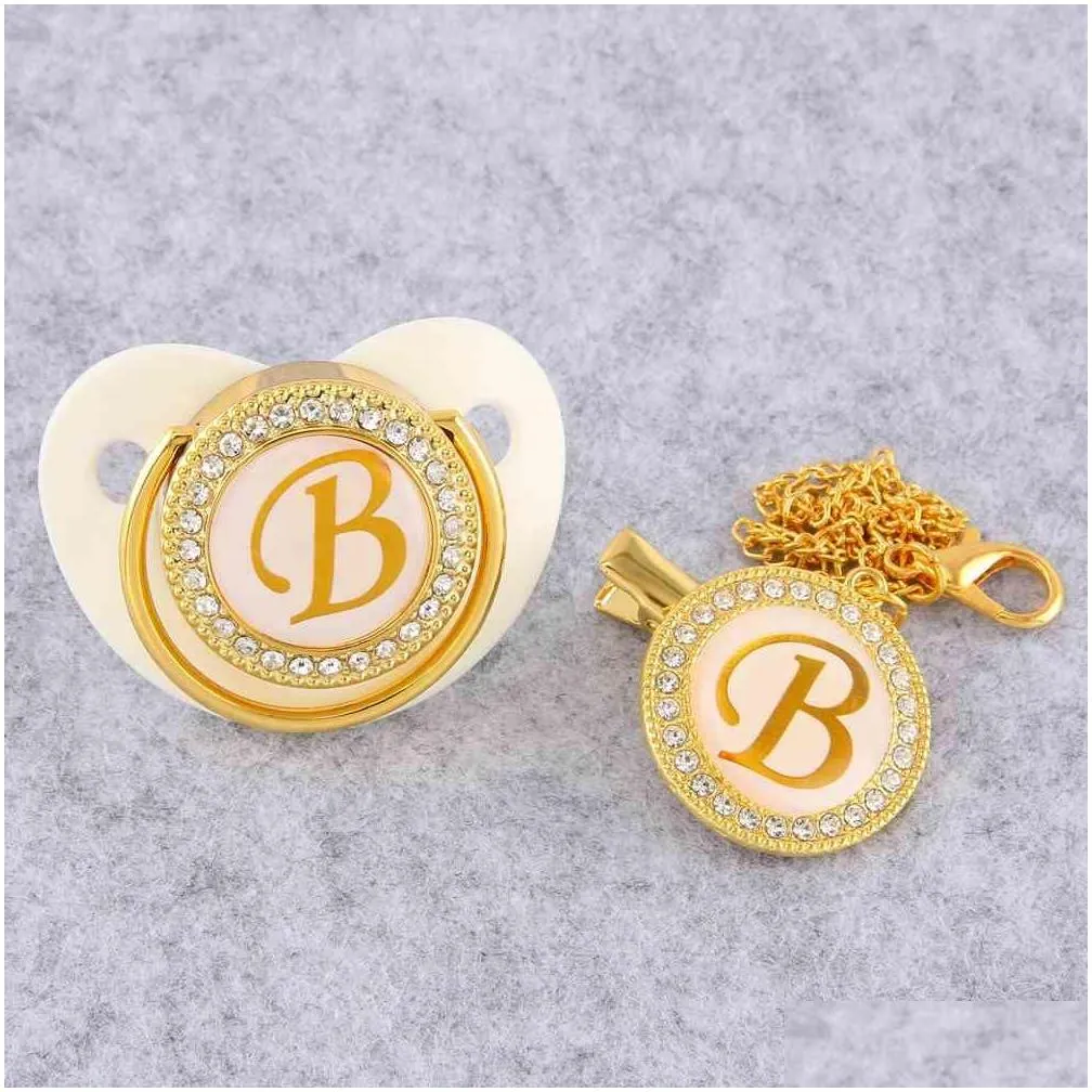 golden initial letter baby pacifier with chain clip luxury sucette bebe bpa white chupete for 018 months 210407
