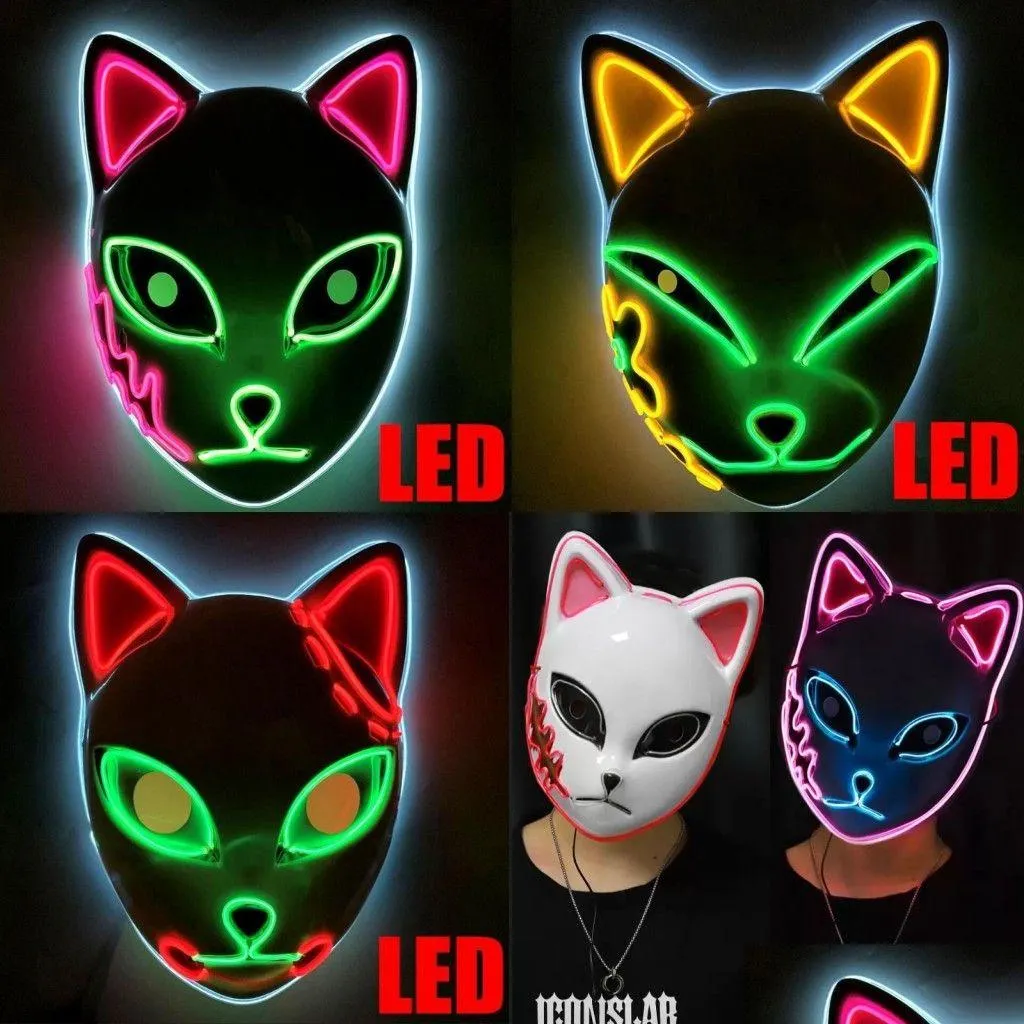 led glowing cat face mask party decoration cool cosplay neon demon slayer fox masks for birthday gift carnival party masquerade gc0921