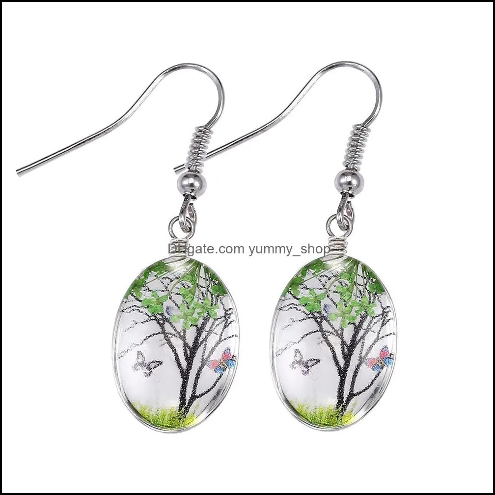 design creative dried flowers dangle earrings handmade romantic colorful glass oval tree of life drop earring for elegant women girls