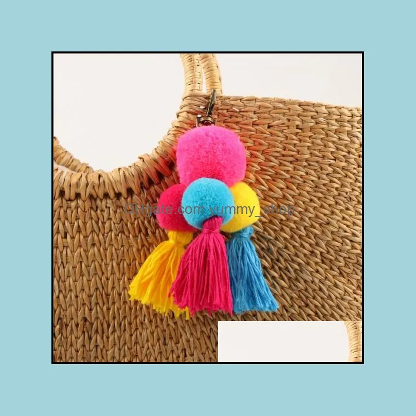 bohemian tassel pendant key chain handmade hair ball accessories women creative pompom bag keychain for lady y459z