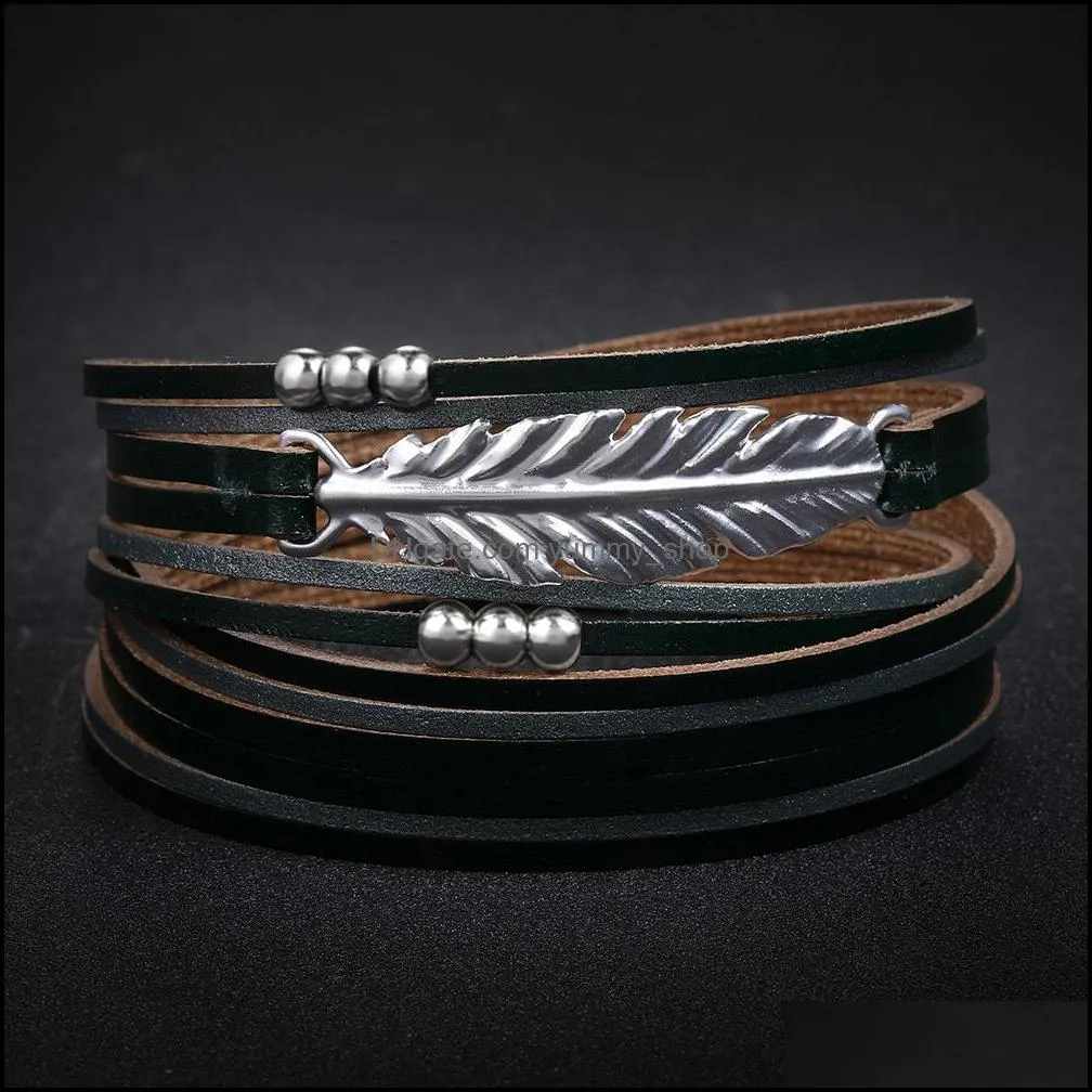 fashion multilayer leather bracelet women vintage stone crystal wrap cuff bangle magnetic clasp handmade wristband jewelry