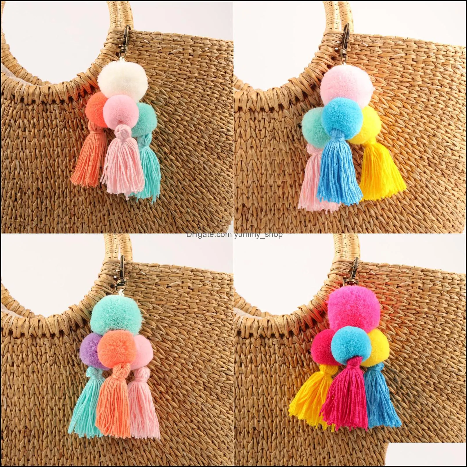 bohemian tassel pendant key chain handmade hair ball accessories women creative pompom bag keychain for lady y459z