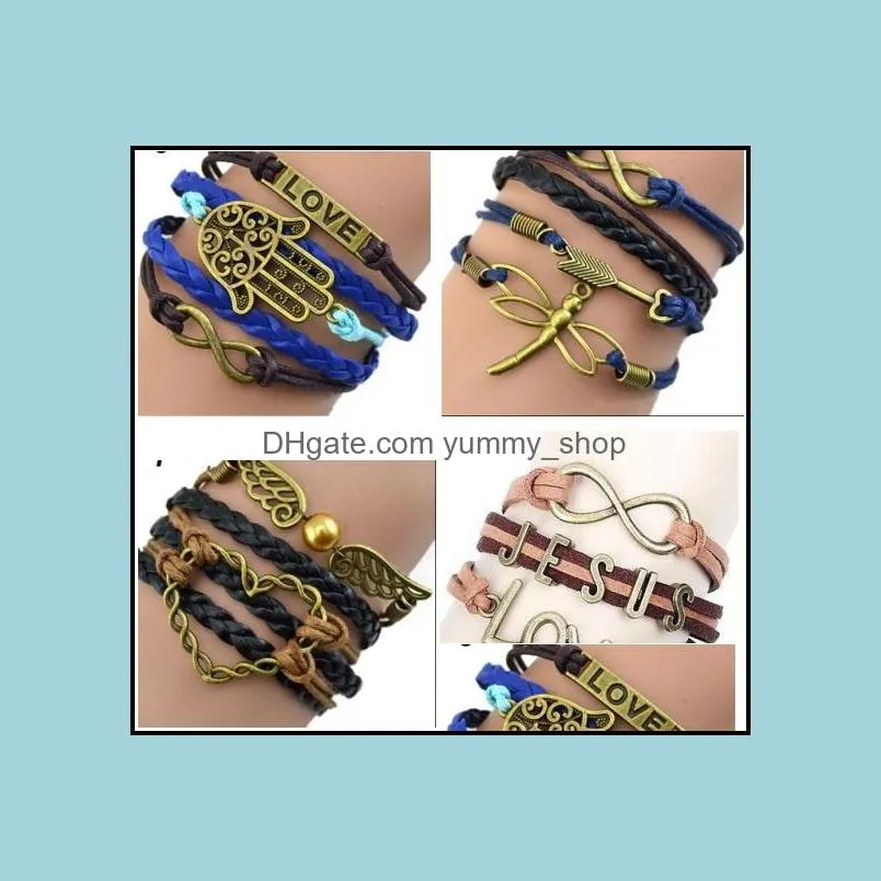 37designs leather bracelet antique cross anchor love peach heart owl bird believe pearl knitting bronze charm bracelets for fashion