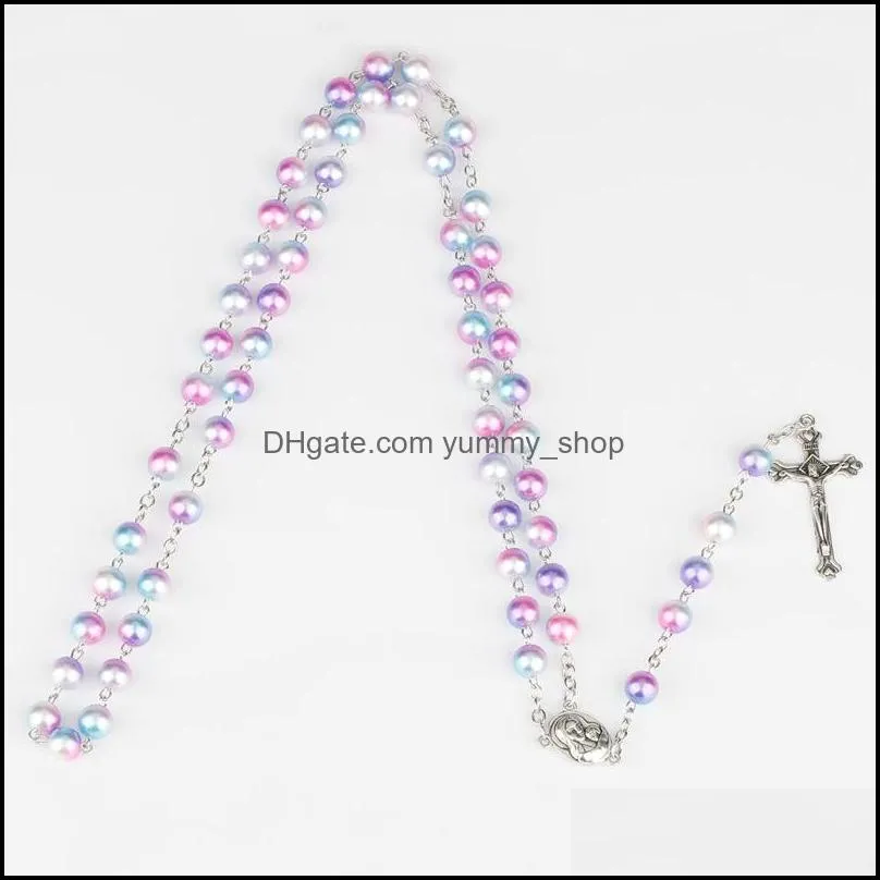 women cross religious necklace colorful pearl beads pendant necklaces jesus prayer chains handmade jewelry dhs l104fa