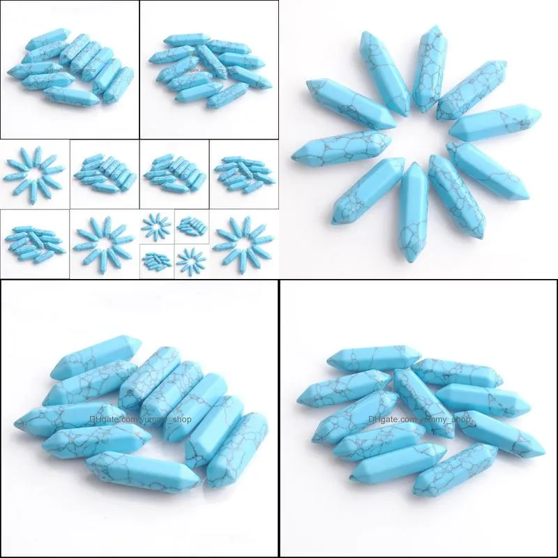 wholesale 30x8mm blue turquoises gemstones hexagonal pillar reiki chakra stone no hole beads accessories for jewelry finding du3318