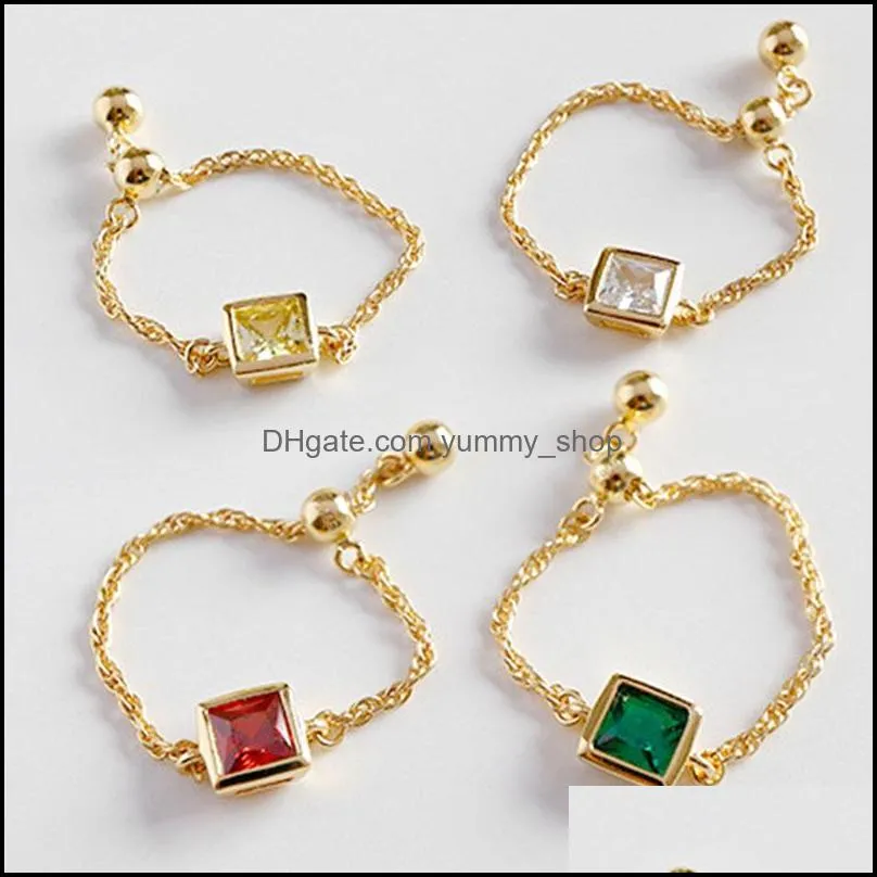 100 925 sterling silver adjustable band ring exquisite square white yellow green red zircon chain bague female fine jewelry ymr564