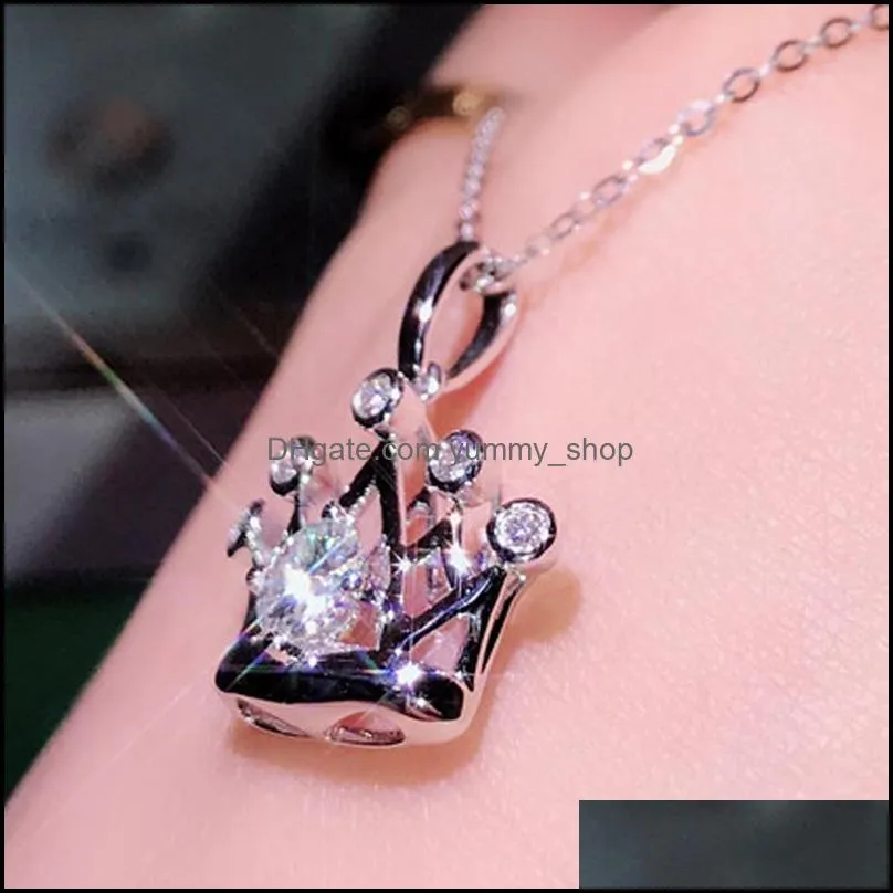 classic 925 silver crown pendant necklaces shiny moissanite female fashion wedding engagement jewelry women necklace