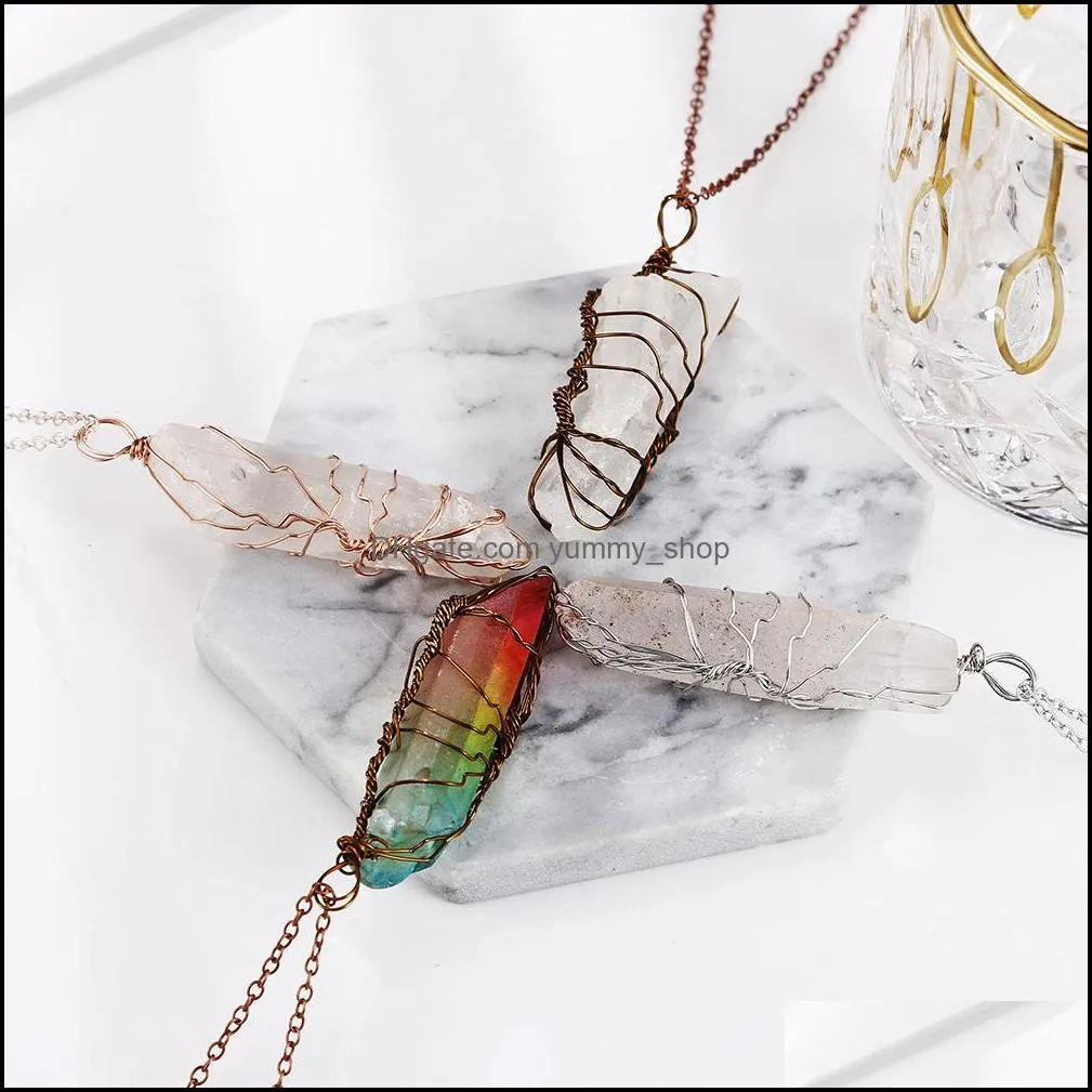 natural stone healing crystal necklace silver tree of life wire wrapped clear quartz point pendant for womens ladies 4 styles