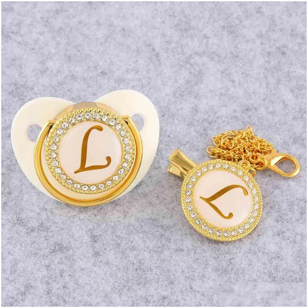 golden initial letter baby pacifier with chain clip luxury sucette bebe bpa white chupete for 018 months 210407