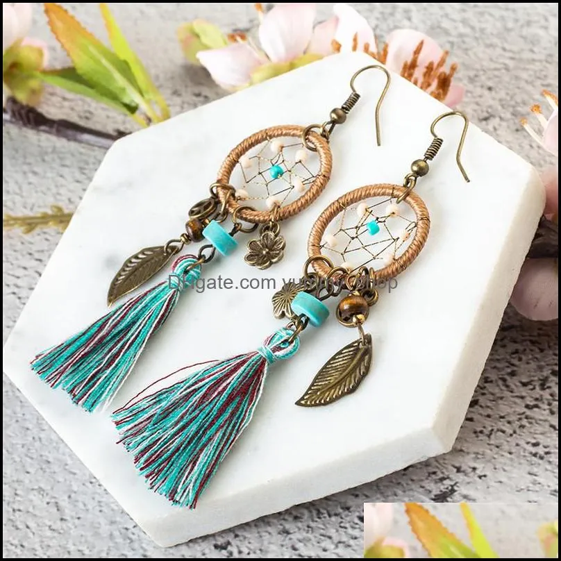 bohemian dream catcher tassel dangle earrings for women fashion boho ethnic long green fringed drop earring wholesale jewelry gifts