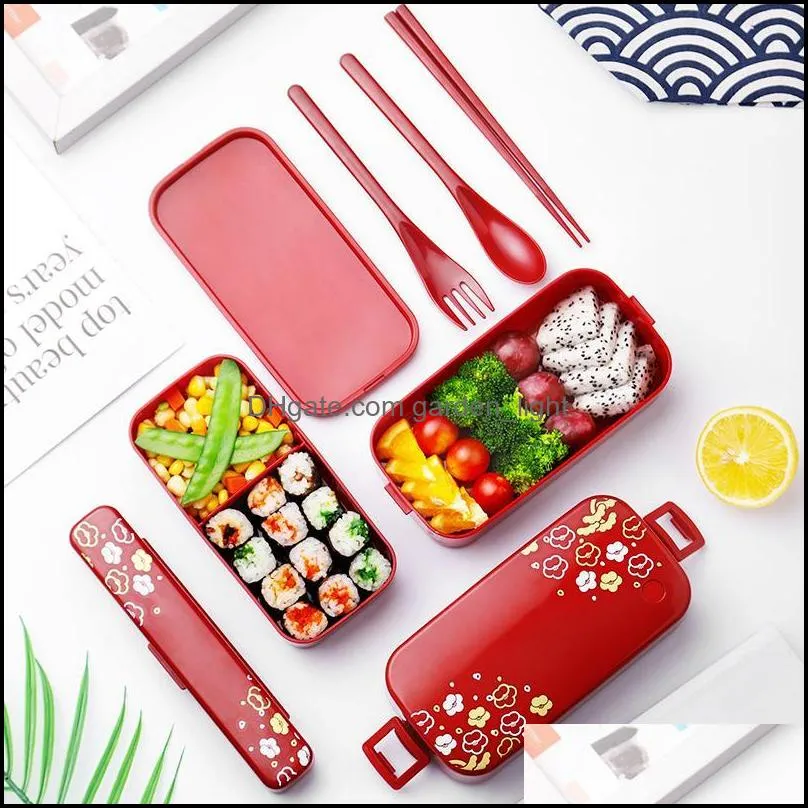 dinnerware sets microwave lunch box 2 layer japanese flower bento for container storage portable school picnic with bag