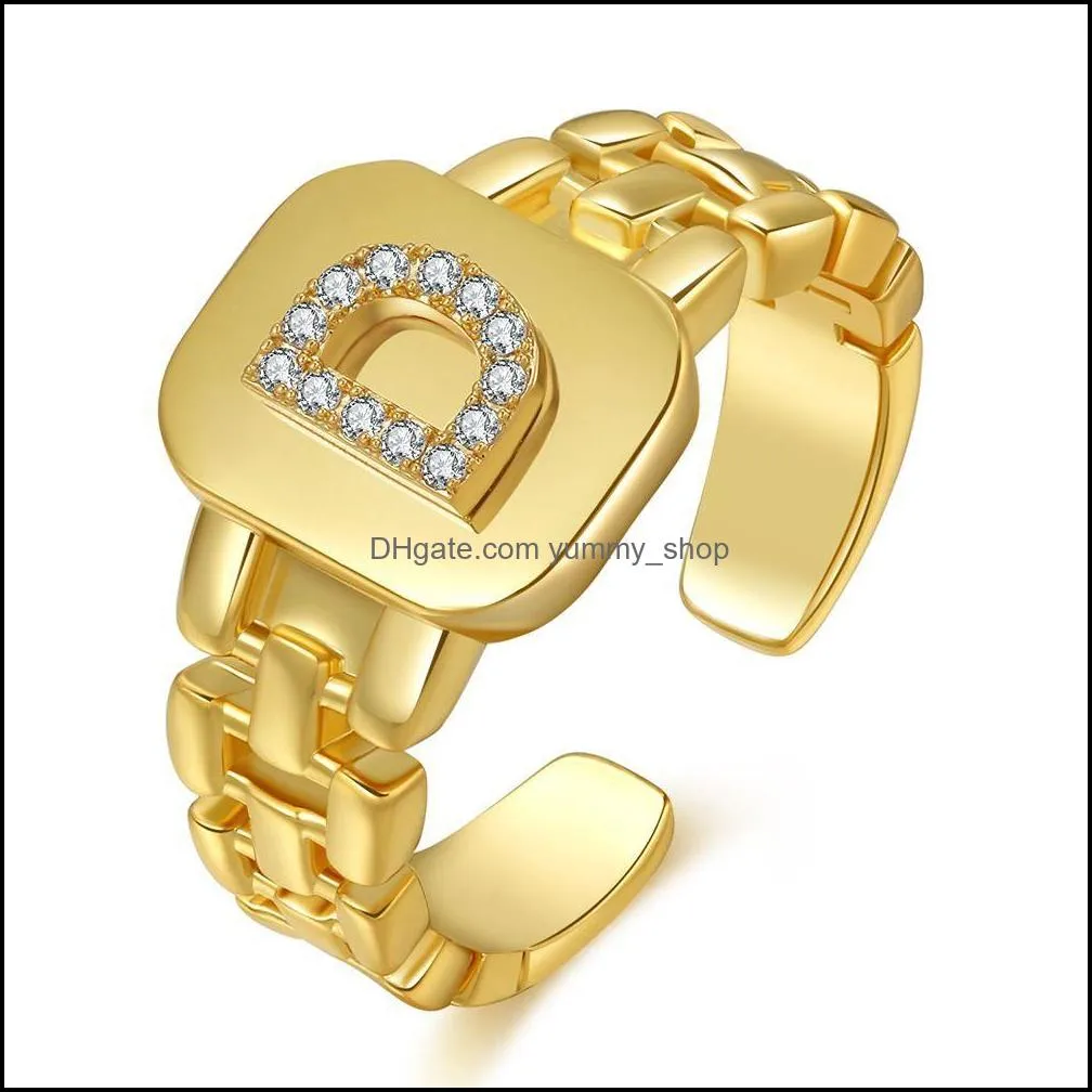 gold rhinestone 26 letter finger open ring for women jewelry adjustable alphabet rings wedding gift q190fz