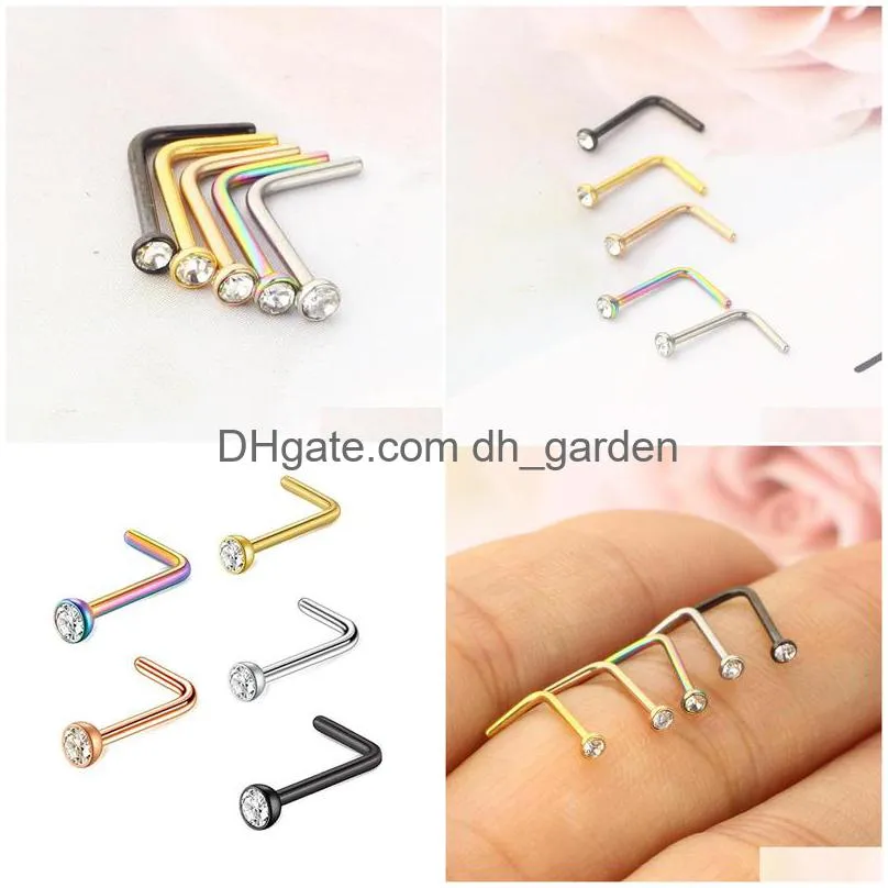 stainless steel stud ring cz l shape body piercing for womens mens straight crystal nose pin india wholesales