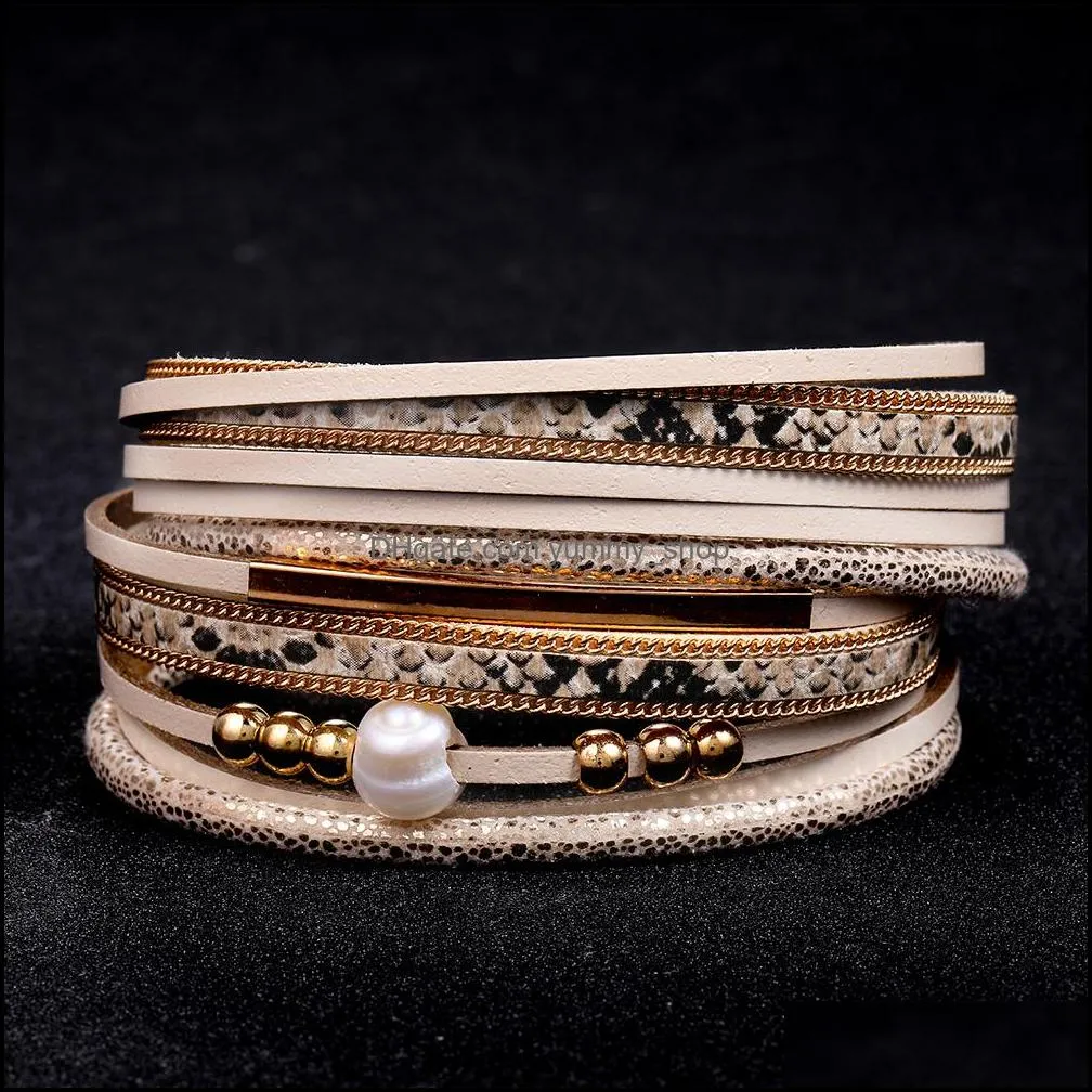 fashion multilayer leather bracelet women vintage stone crystal wrap cuff bangle magnetic clasp handmade wristband jewelry