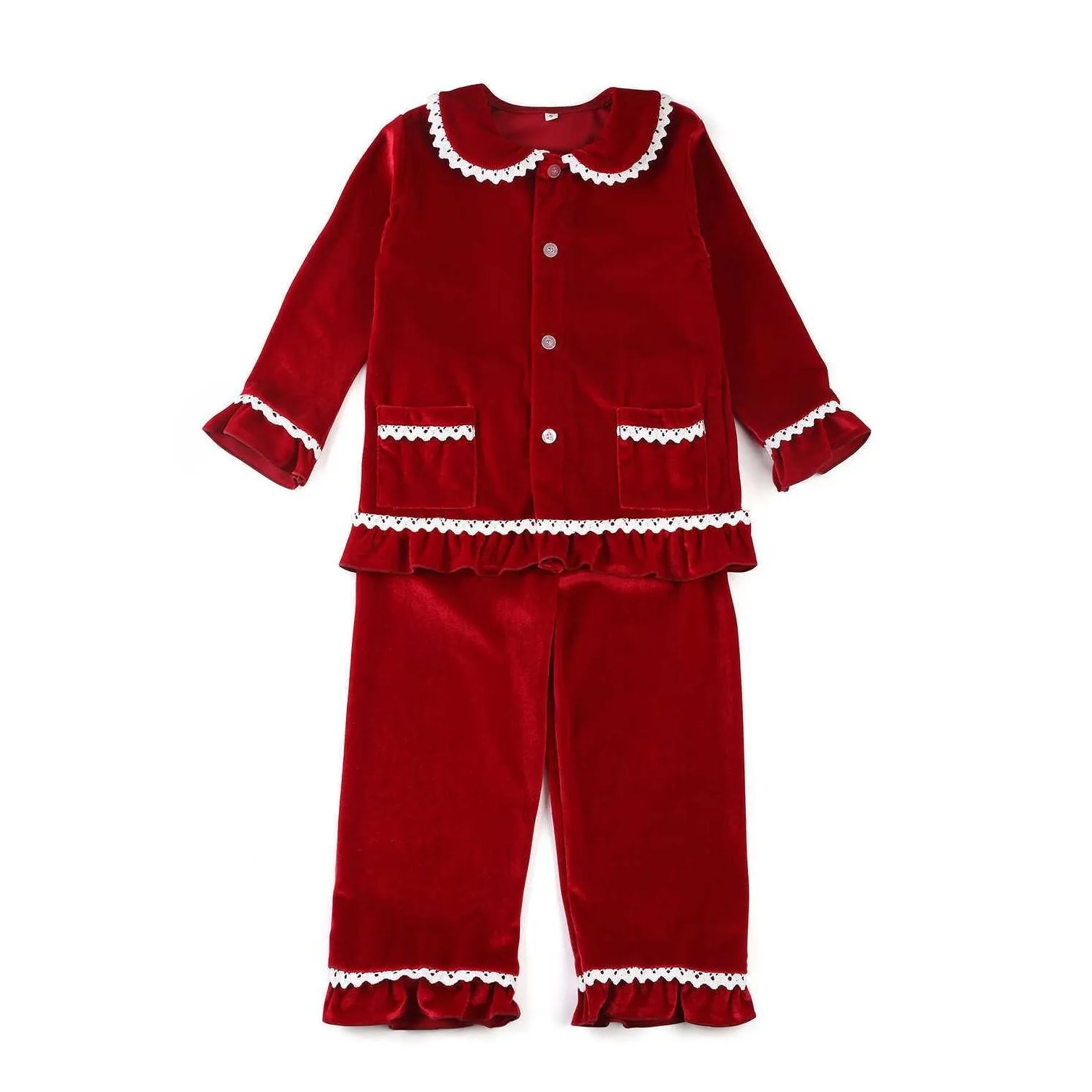 peter pan collar children button up red velvet boy baby sleepwear kids christmas pyjamas sets 210915