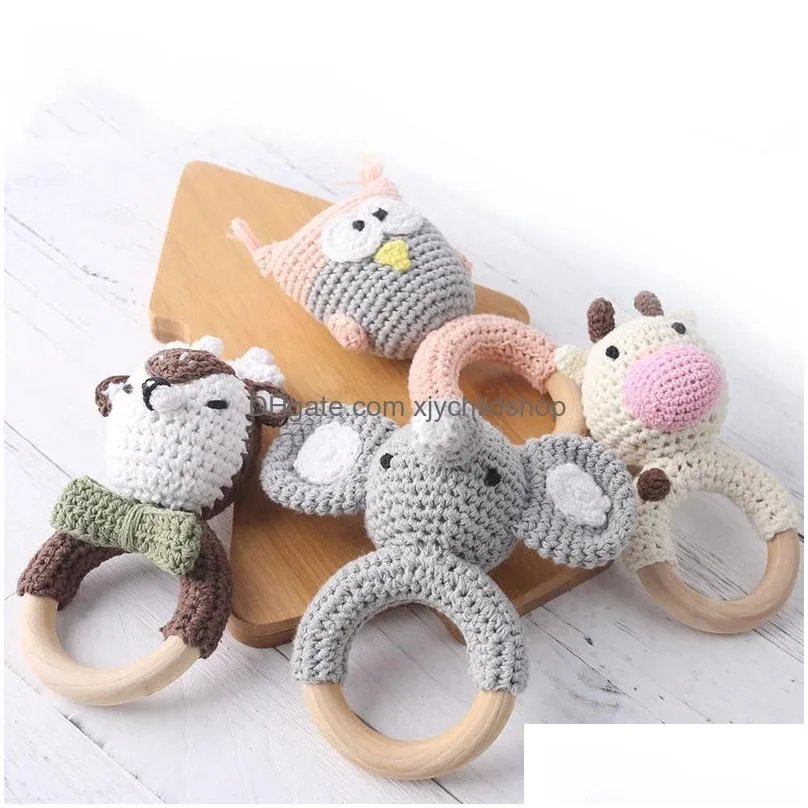 1pc baby teether music rattles for kids animal crochet rattle elephant giraffe ring wooden babies gym montessori childrens toys 220602