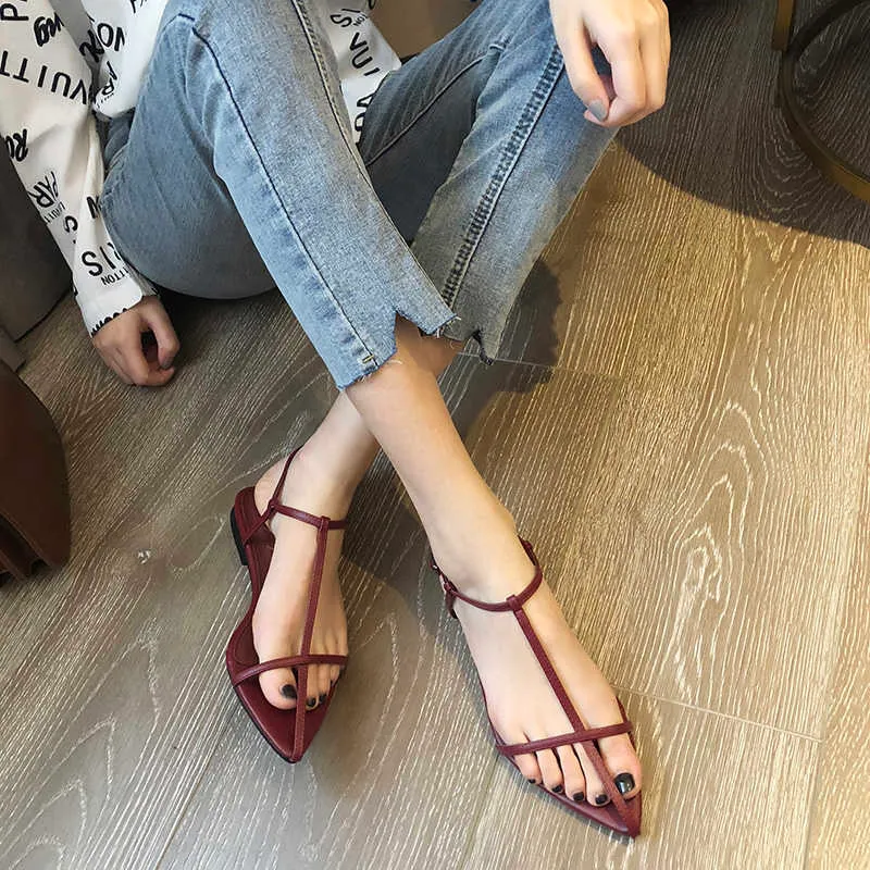 Sandals Women Flats Sandals Pointed Toe Narrow Band Design Sandals Ankle Buckle Strap Clip Toe Roman Style Casual Beach Shoes Summer T221209