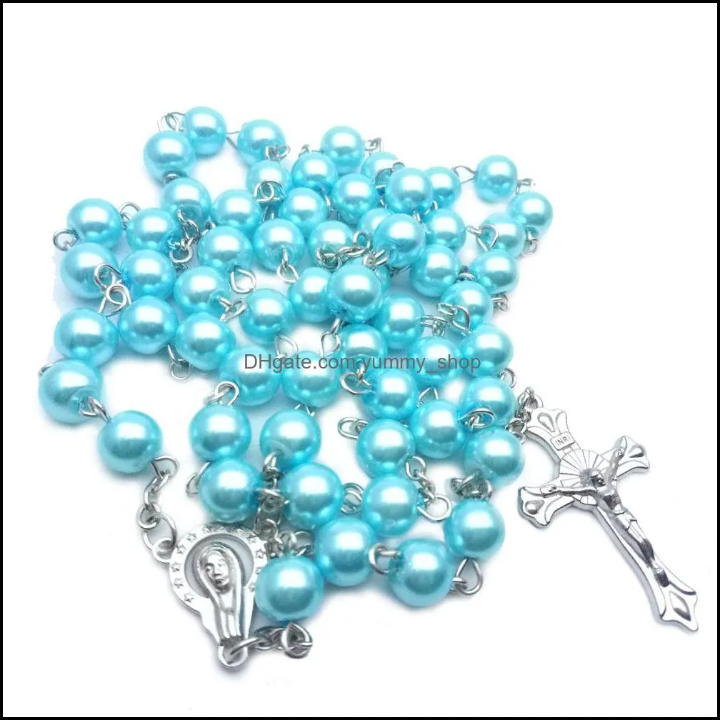 jesus cross pendant necklace fashion design 6mm pearl beads sweater chains women religious rosary prayer necklaces men p223fa