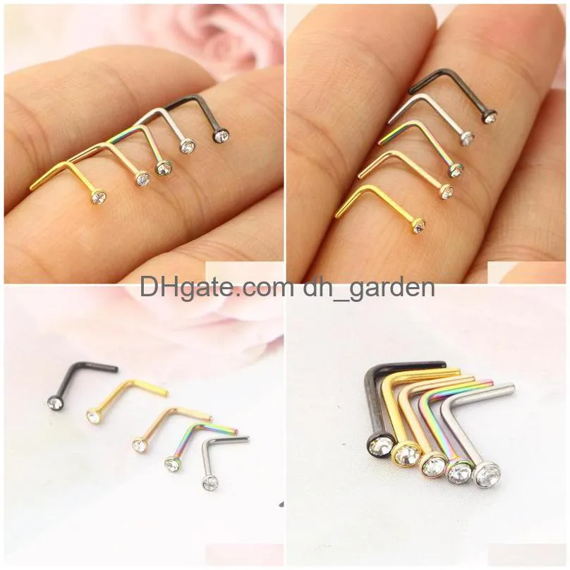 stainless steel stud ring cz l shape body piercing for womens mens straight crystal nose pin india wholesales