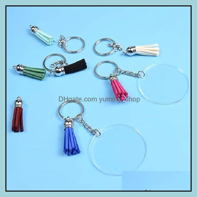 key ring with chains 80pcs transparent acrylic circle keychain blanks diy crafts silver tassels pendant keyrings dhs