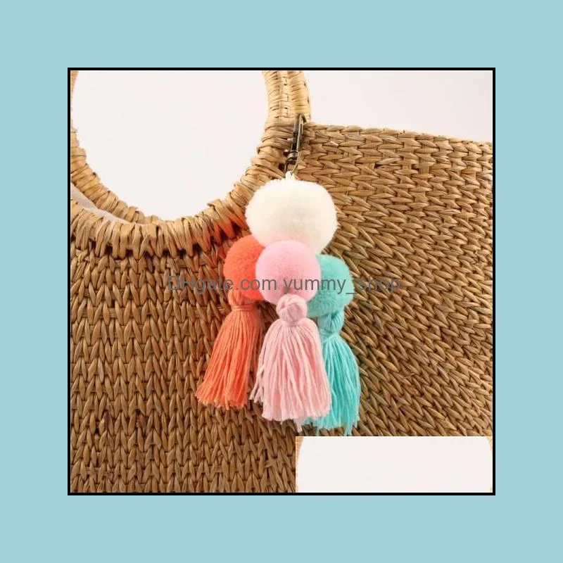 bohemian tassel pendant key chain handmade hair ball accessories women creative pompom bag keychain for lady y459z