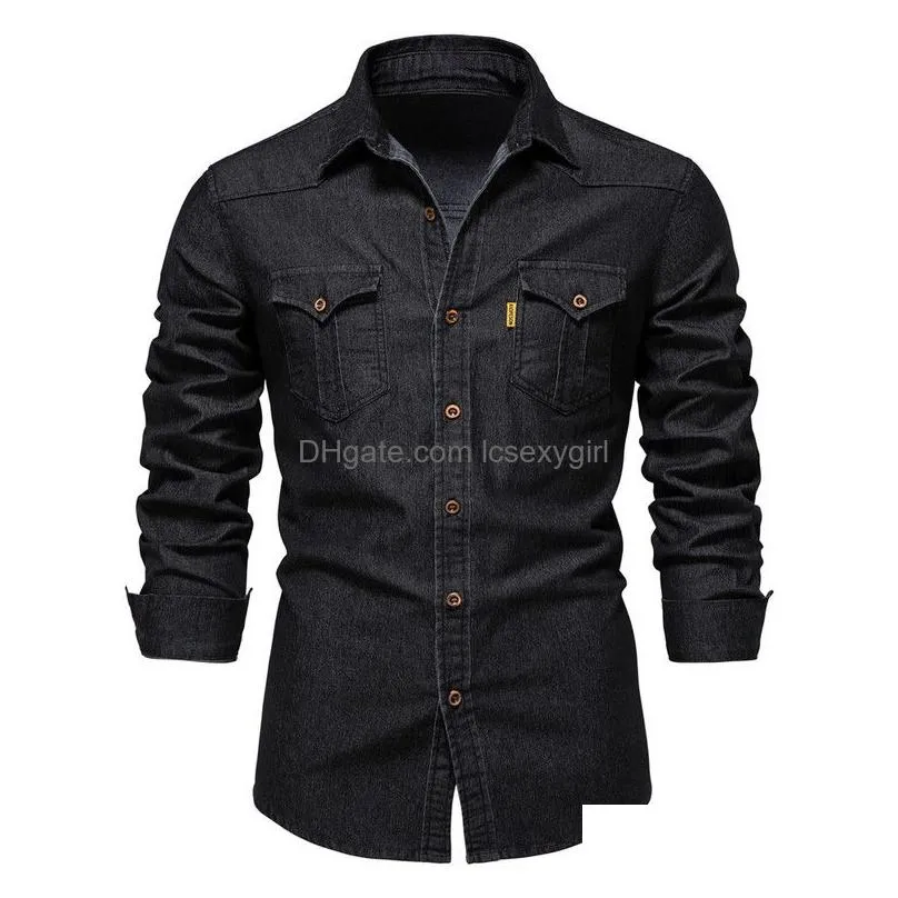 aiopeson brand elastic cotton denim shirt men long sleeve quality  shirts for men casual slim fit mens designer clothing