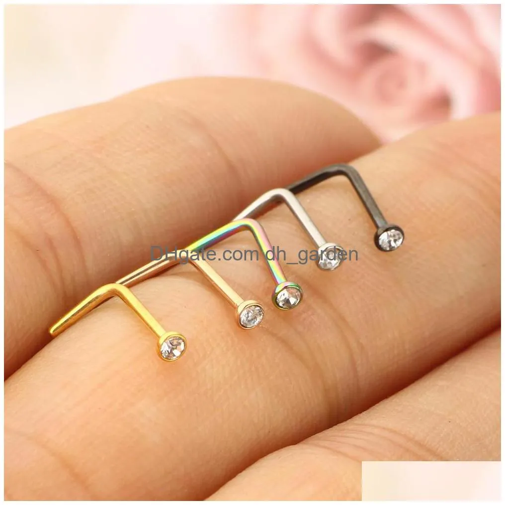 stainless steel stud ring cz l shape body piercing for womens mens straight crystal nose pin india wholesales