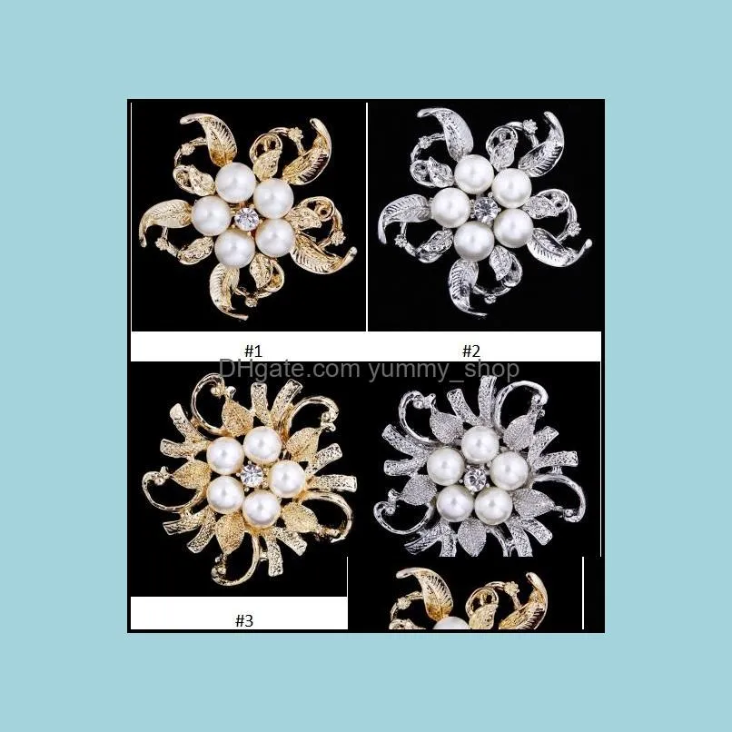 silver/ golden tone clear rhinestone crystal brooch flower girls corsage fashion pearl brooch wedding bridal bouquet pins brooches