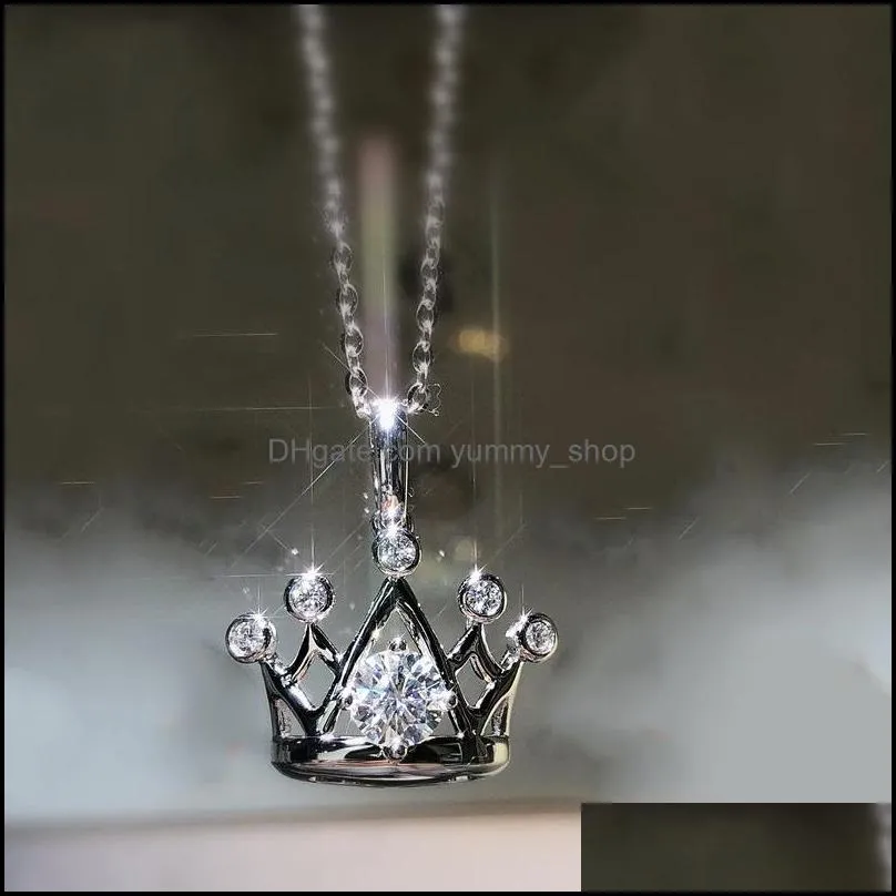 classic 925 silver crown pendant necklaces shiny moissanite female fashion wedding engagement jewelry women necklace