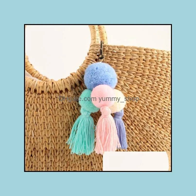 bohemian tassel pendant key chain handmade hair ball accessories women creative pompom bag keychain for lady y459z