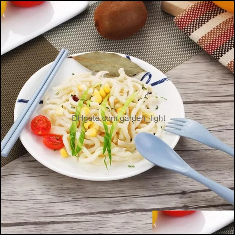 wheat straw plastic tableware spoon fork chopsticks set portable travel cutlery box dinnerware utensils for kids wll480