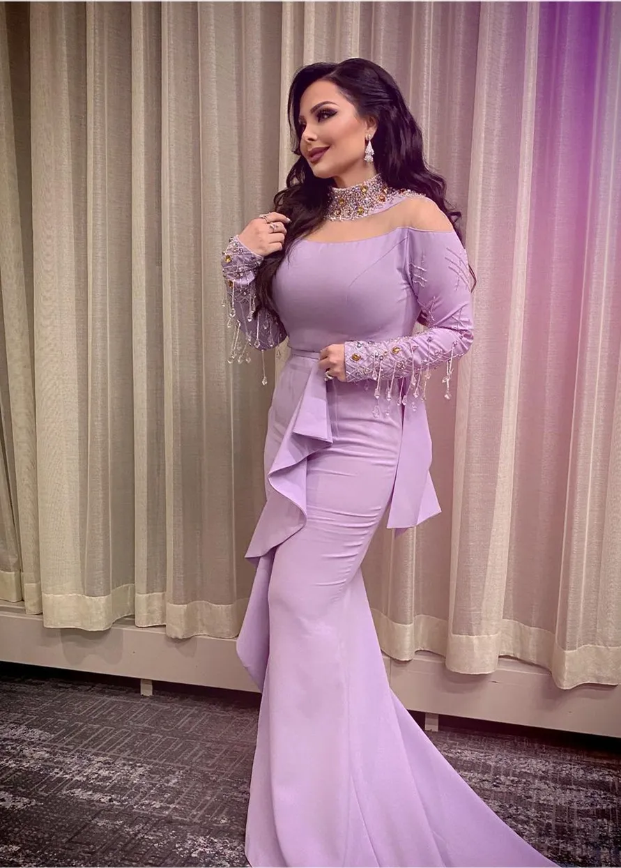 2023 Arabic Aso Ebi Lilac Mermaid Prom Dresses Beaded Crystals Evening Formal Party Second Reception Birthday Engagement Bridesmaid Gowns Dress ZJ322