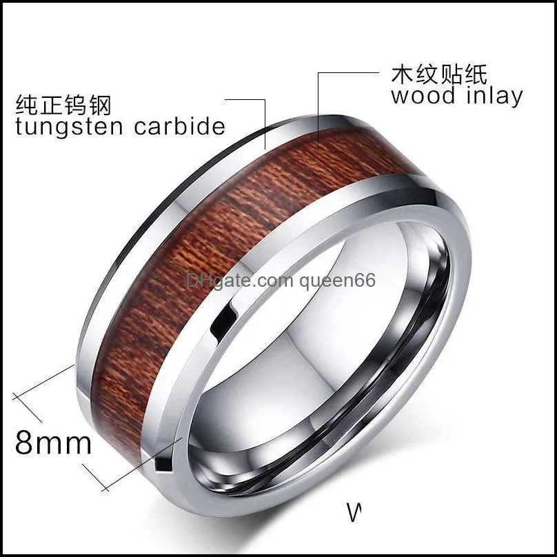 8mm tungsten finger rings durable vintage titanium stainless steel wood inlay ring jewelry for men women 316l stainless steel