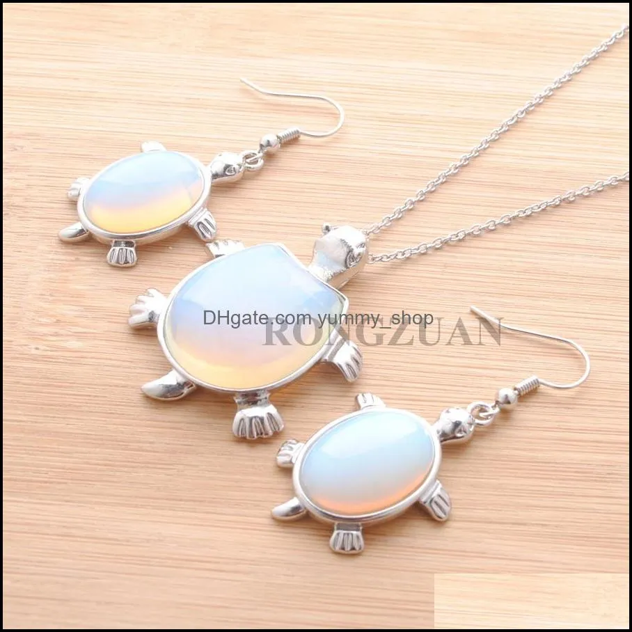 chain 18inch jewelry set dangle earring pendant for woman gift natural stone bead opal tortoise shape necklace 