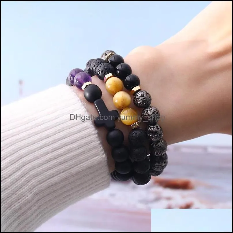 natural stone bead cross charm bracelet handmade adjustable black matte agate stone beads elastic rope bracelets jewelry friends gifts