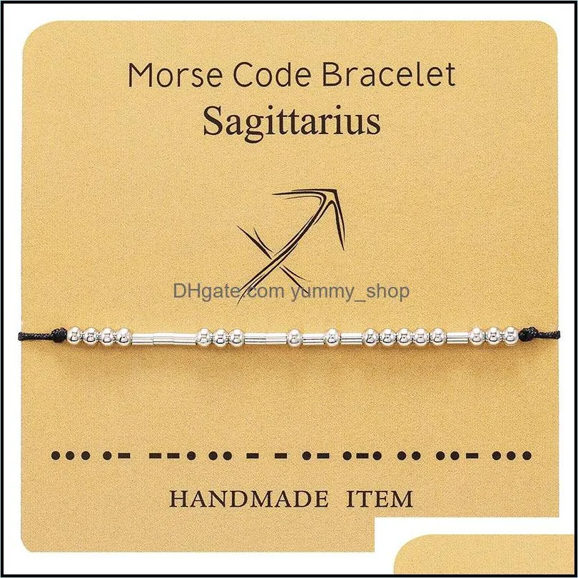 fashion creative 12 constellation morse code identification bracelets with gift card men women silver bead braid bracelet 12 zodiac sign