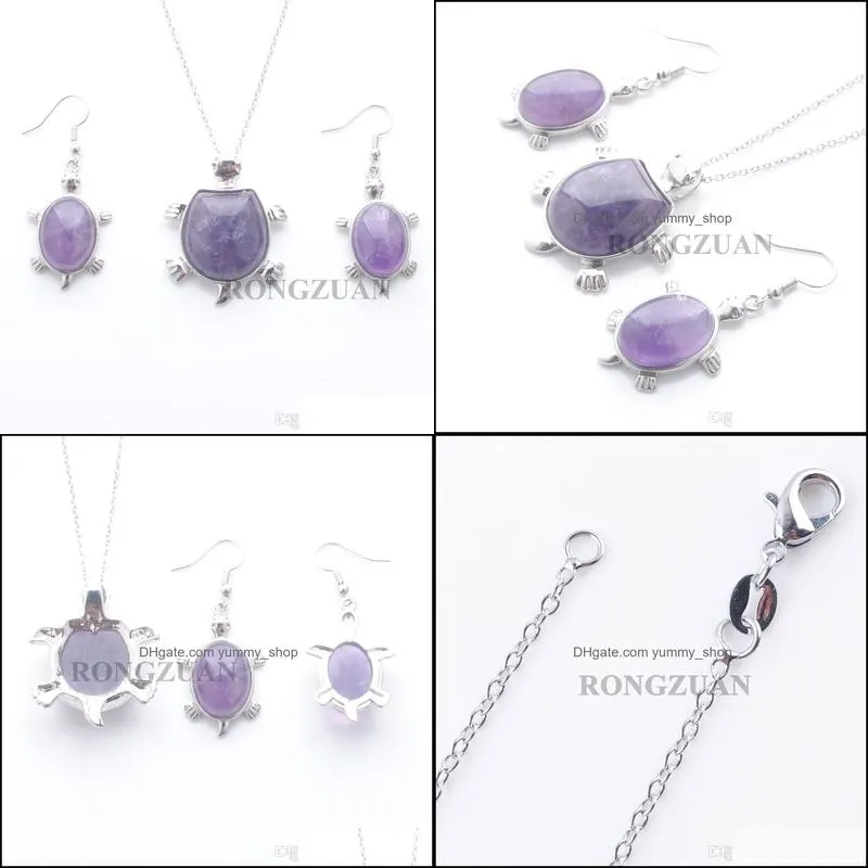 women jewelry set dangle pendant drop earrings natural amethysts stone bead tortoise necklace chain 18 fashionable gift dq3099