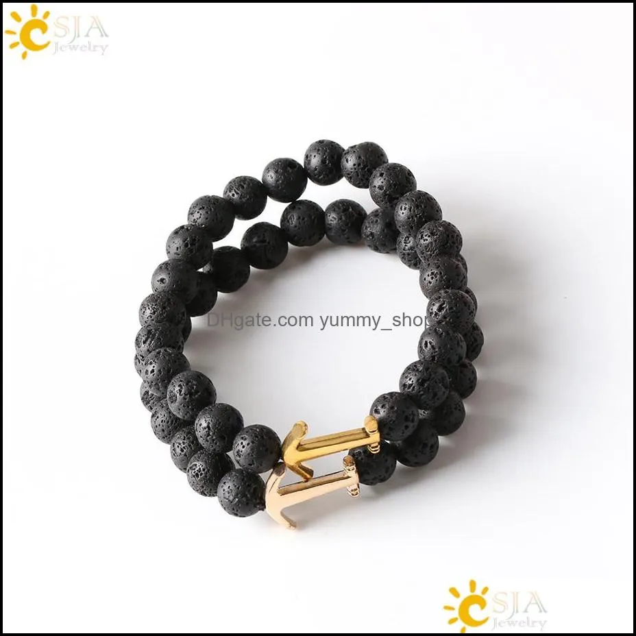 wholesale men bracelet real natural stone bead anchor bracelets for women men matte black lava volcanic rock meditation health jewelry