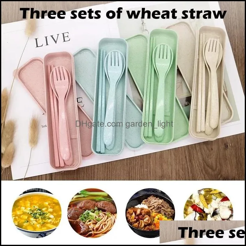 wheat straw plastic tableware spoon fork chopsticks set portable travel cutlery box dinnerware utensils for kids wll480