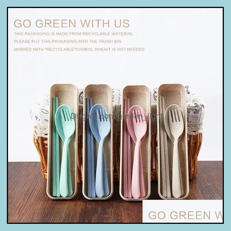 portable plastic tableware plastic spoon fork chopsticks set design ecofriendly reusable wheat straw plastic cutlery 4 colors