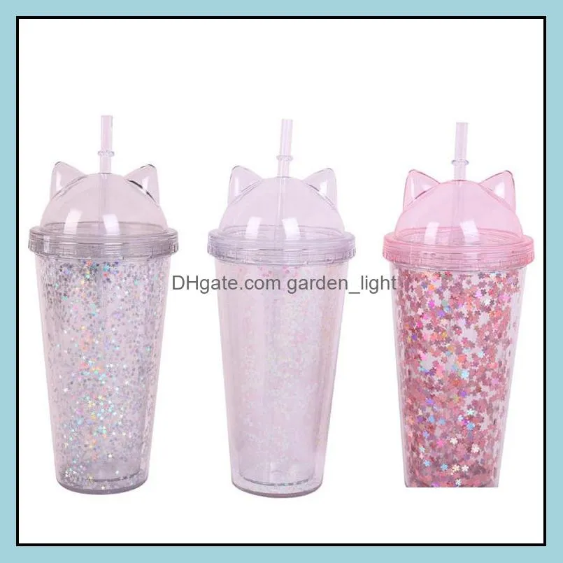 plastic tumbler with straws double cup students cup gift cup cat ear flashing cartoon cute creative ysy82q