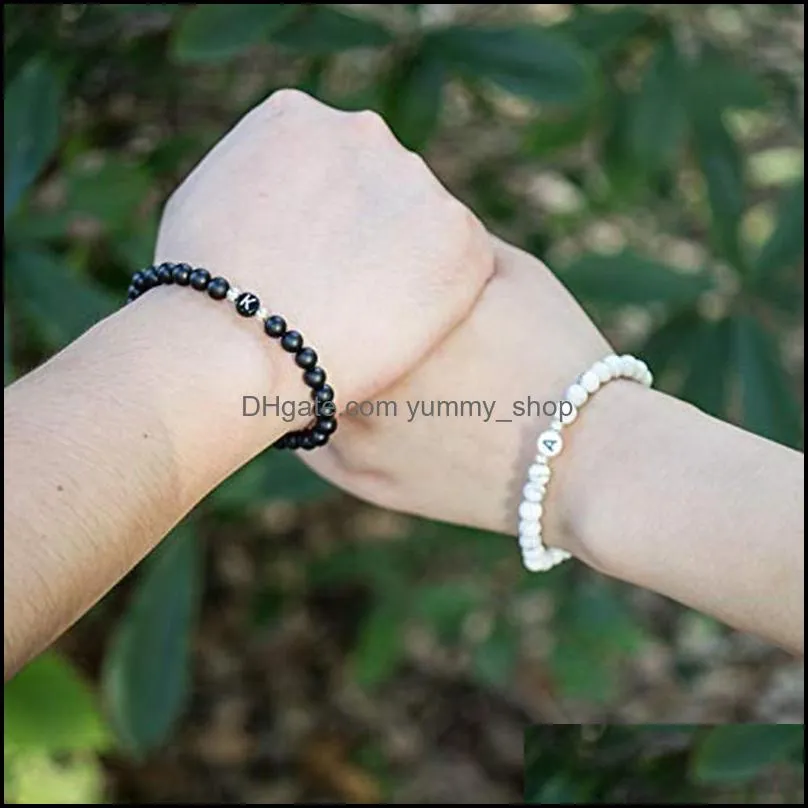 diy az 26 letter bracelets black white stone bead couple bracelet friendship lucky bead bracelet kids family gift