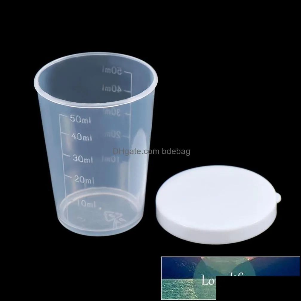 10pcs 50ml plastic transparent measure cups with white lids cap container liquid measure beaker