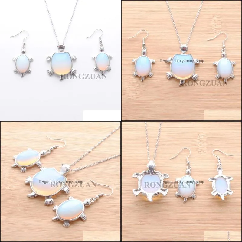 chain 18inch jewelry set dangle earring pendant for woman gift natural stone bead opal tortoise shape necklace 