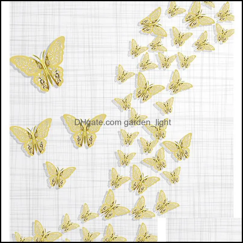 12pcs/set rose gold 3d hollow butterfly wall sticker for home decor butterflies stickers room decoration party wedding decors wll993