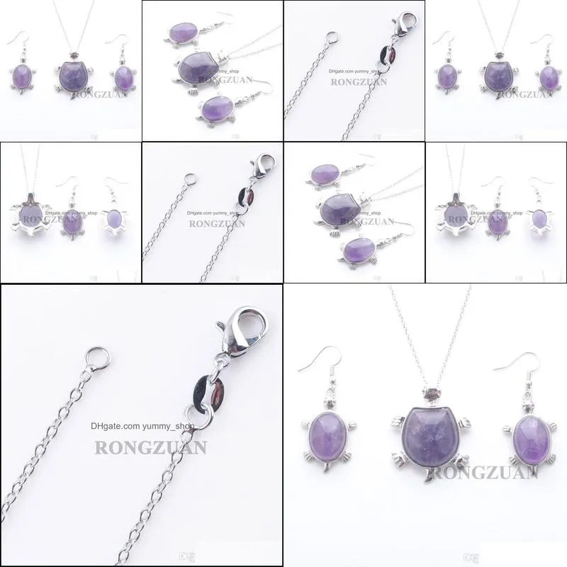 women jewelry set dangle pendant drop earrings natural amethysts stone bead tortoise necklace chain 18 fashionable gift dq3099